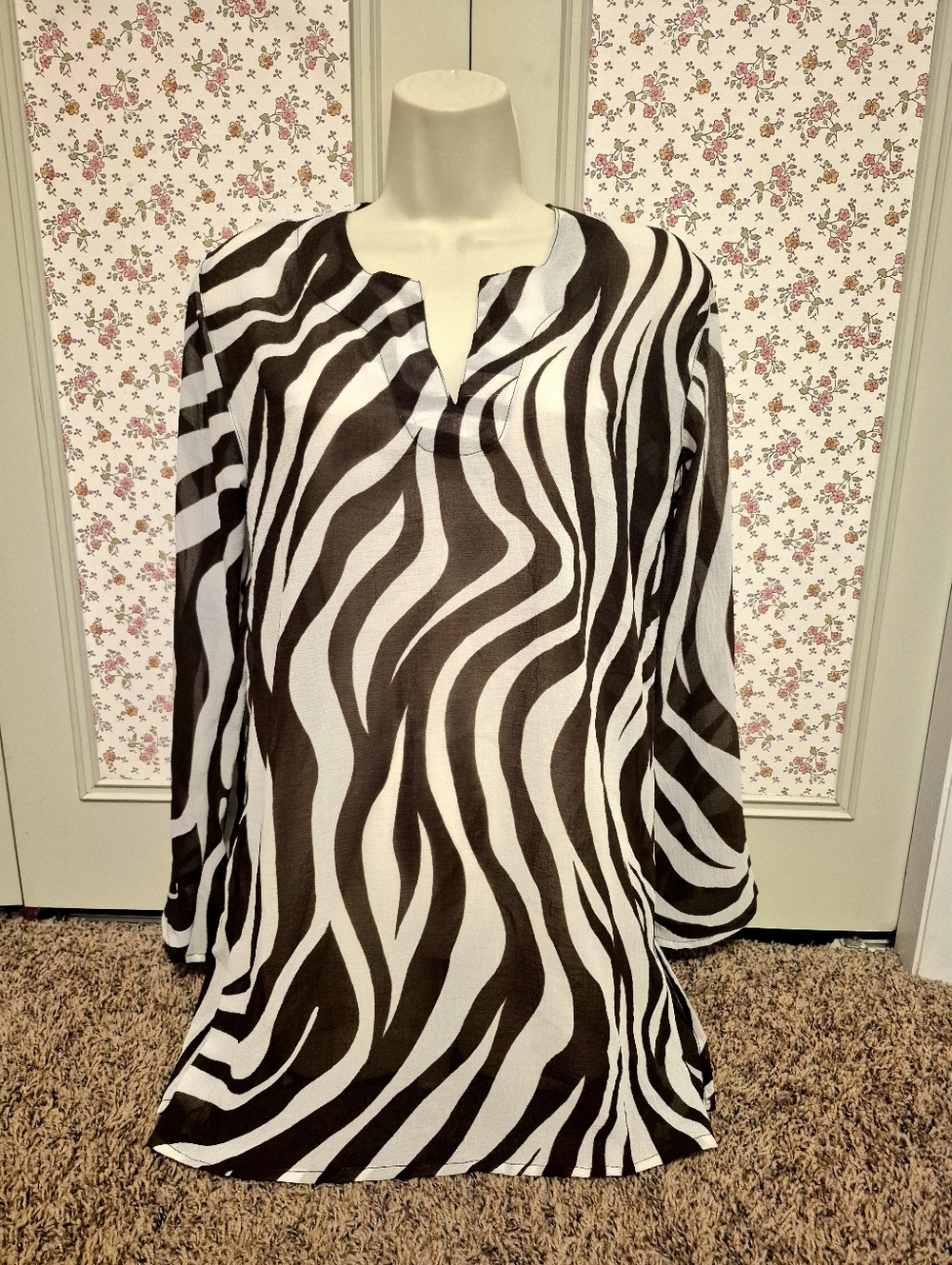 Women's Brown & White Zebra-Print Sheer Tunic Top Size S